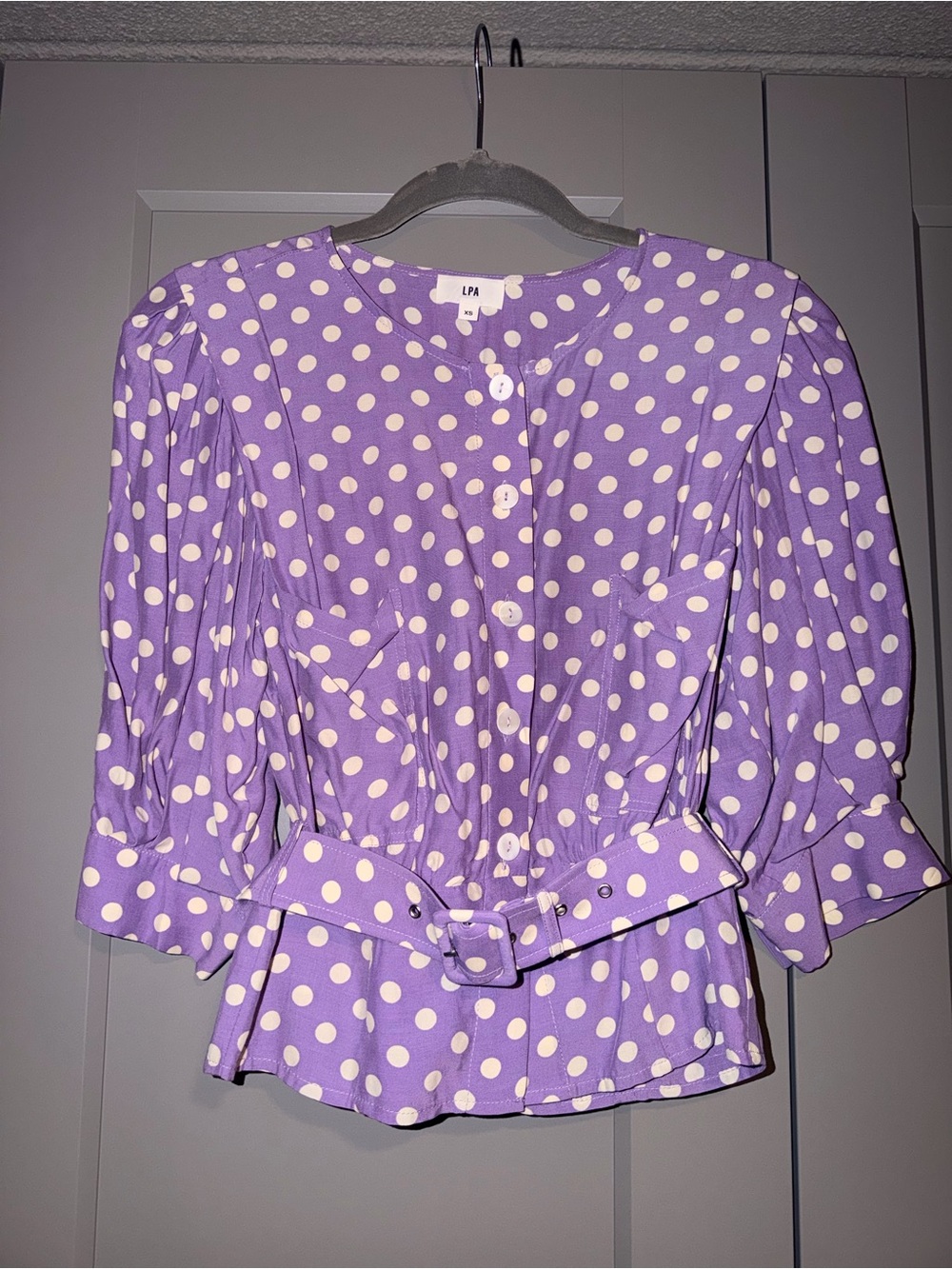 LPA Lavender Polka Dot Belted Peplum Top w belt